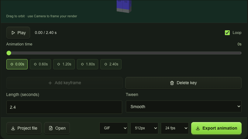 Selected keyframe, duration, tween and export settings in the timeline