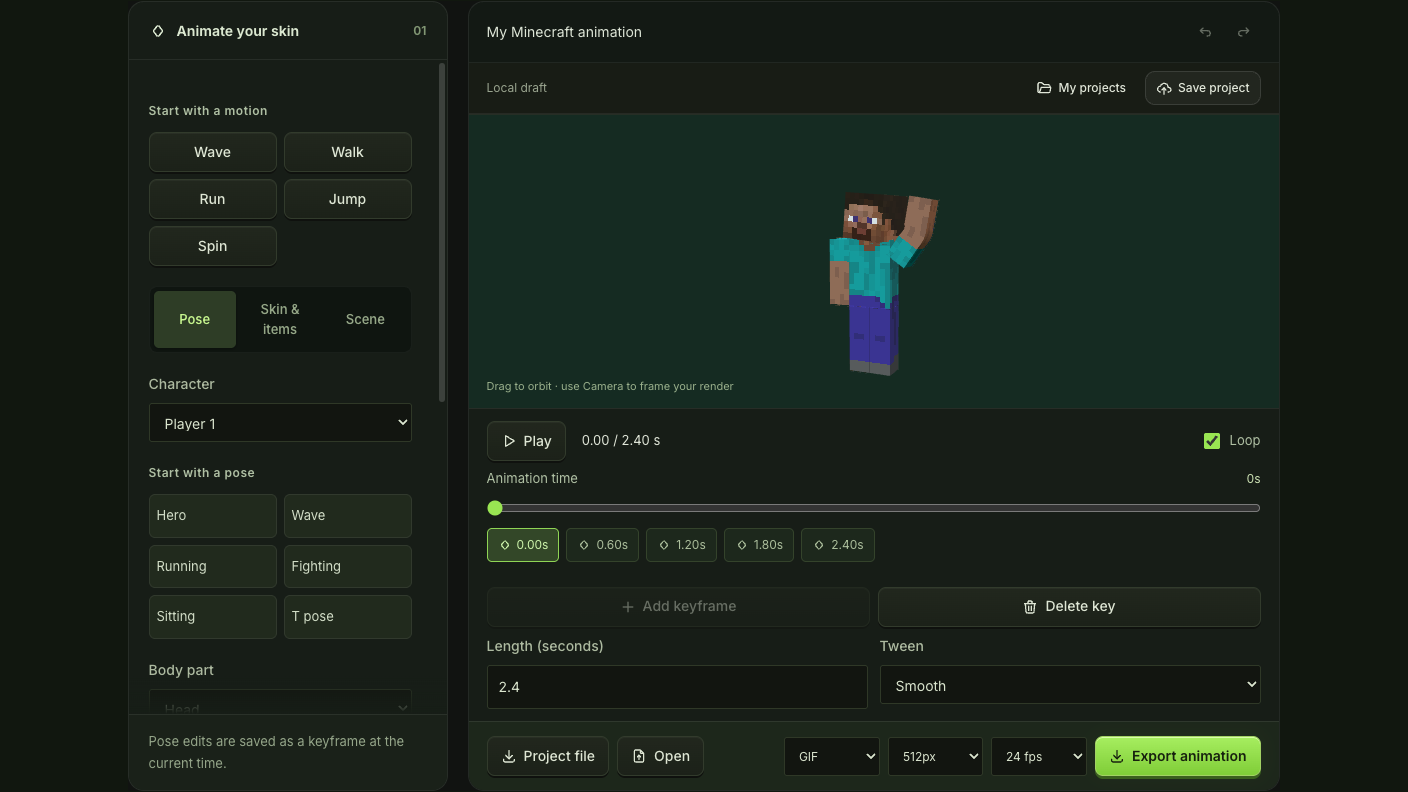 Animation timeline with selected character pose and joint controls