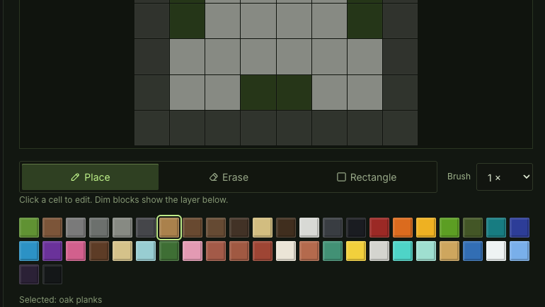 Layer editor with placement tools and a selected block palette