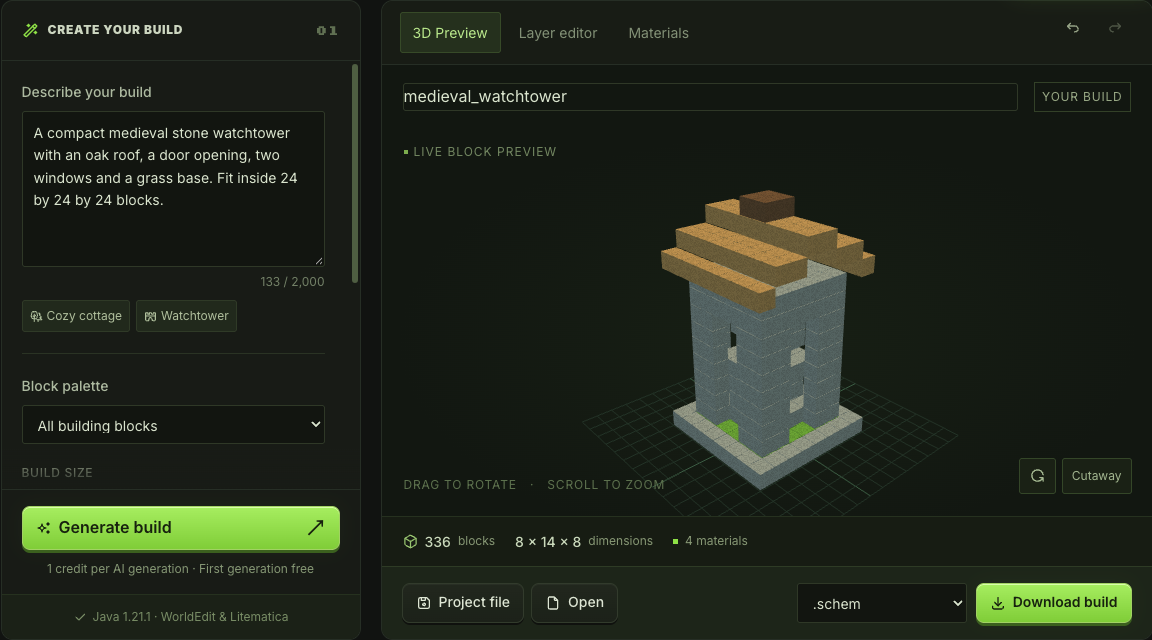 Build prompt, palette and size beside the editable 3D workspace