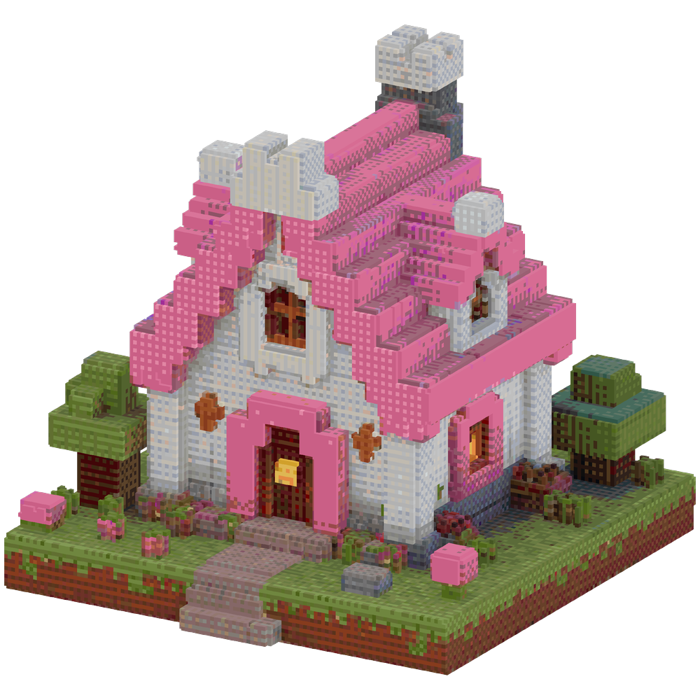 Pink and white fantasy cottage with a pitched roof and a small garden