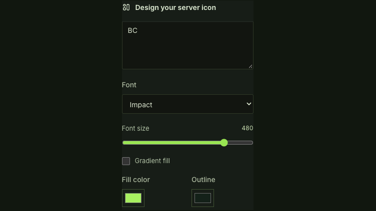 Editable server initials with font, size, fill and outline color controls