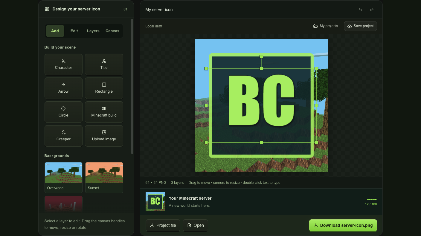 Square image crop beside a 64-pixel server-list preview