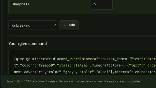 Java item command and enchantment settings beside a readable item tooltip