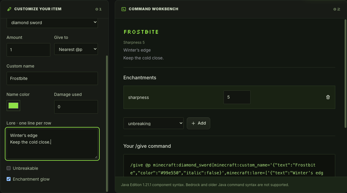 Minecraft item generator with a colored custom name and multiline lore