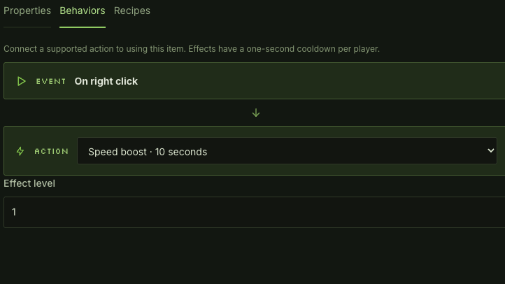 Mod behavior editor with a selected right click effect and effect level