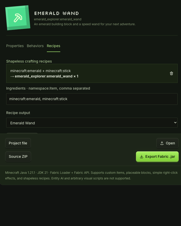 Emerald Wand shapeless recipe with emerald and stick ingredients