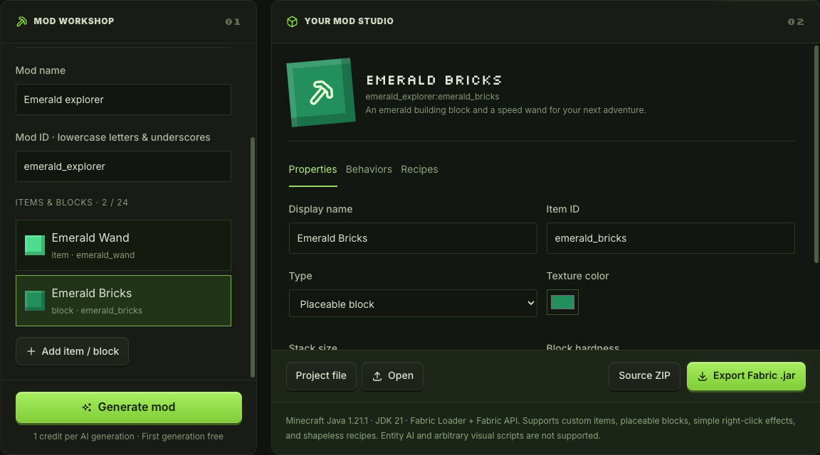 Emerald Bricks block properties with identifier, color and hardness