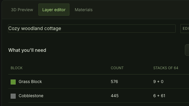 Materials tab listing block names and quantities for the current building