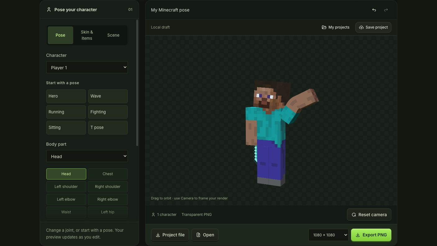 Wave preset and body joint controls beside the player preview