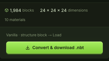 Current structure block count, dimensions and material summary before NBT export