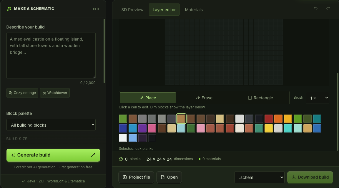 Empty schematic layer grid with block editing tools and a material palette
