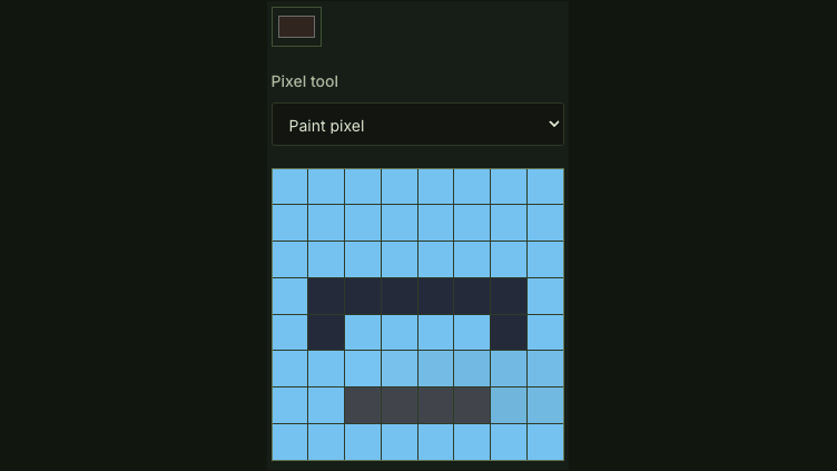 Complete eight by eight face pixel grid with brush color and pixel tool