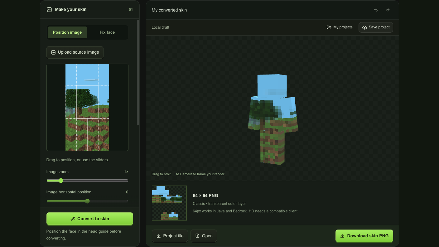 Source picture positioned under the Minecraft body guide