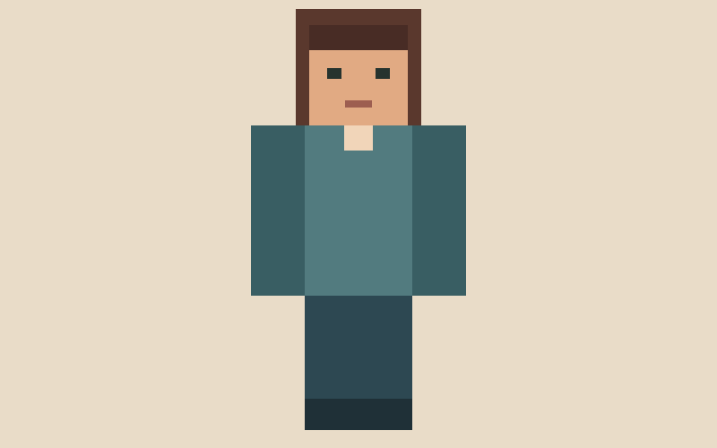 Flat character artwork with a teal outfit on a beige background