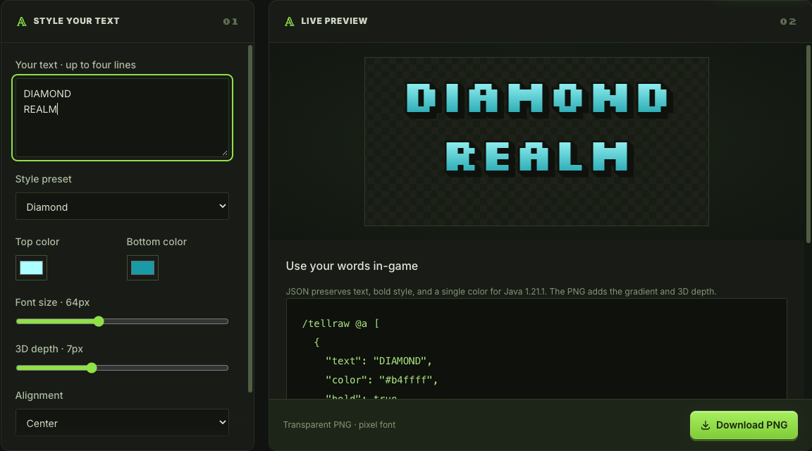 Minecraft text generator controls showing a gradient title and dark outline