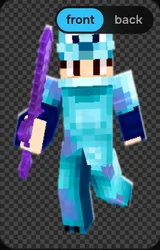 Blue-armored character holding a purple sword with one leg raised