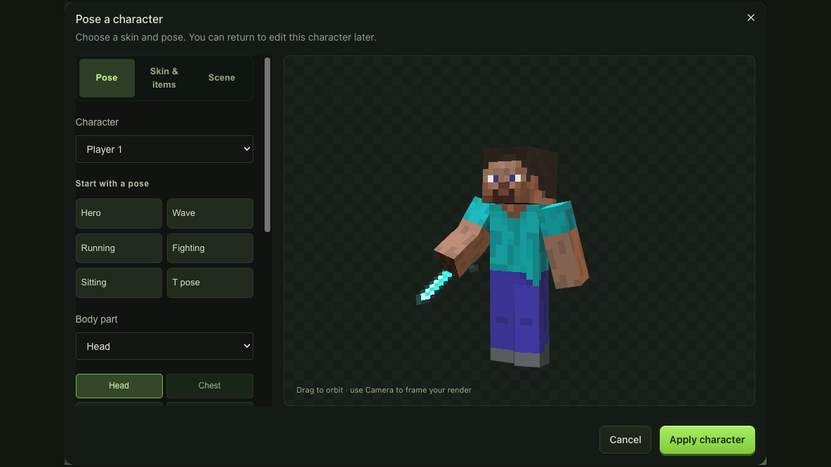 Character pose dialog with joint controls beside the live player preview